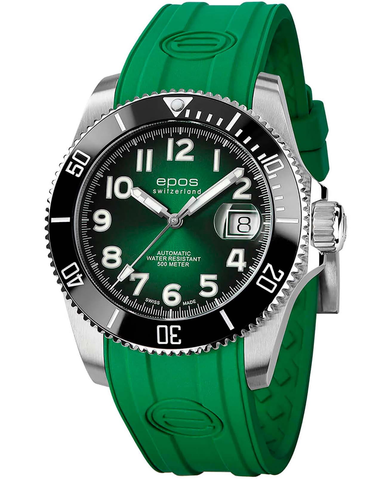 Epos Epos Diver 3504.131.80.33.53  3504.131.80.33.53 механические мужские часы зеленый циферблат, браслет каучук — вид спереди