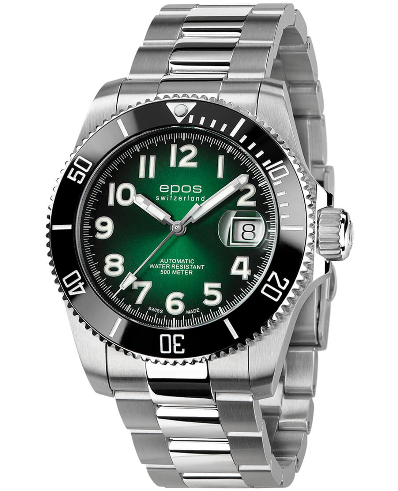 Epos Epos Diver 3504.131.80.33.90  3504.131.80.33.90 механические мужские часы зеленый циферблат, браслет титановый — вид спереди