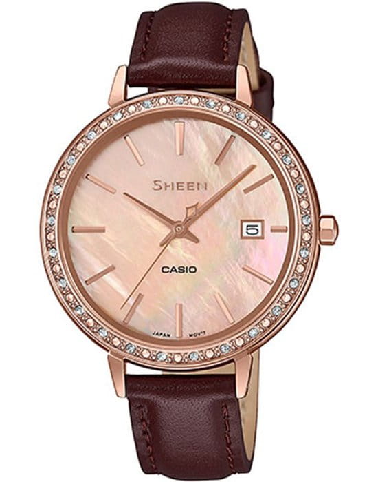 Casio Casio Sheen SHE-4052PGL-4AUEF  SHE-4052PGL-4A кварцевые женские часы перламутровый циферблат, браслет кожаный — вид спереди