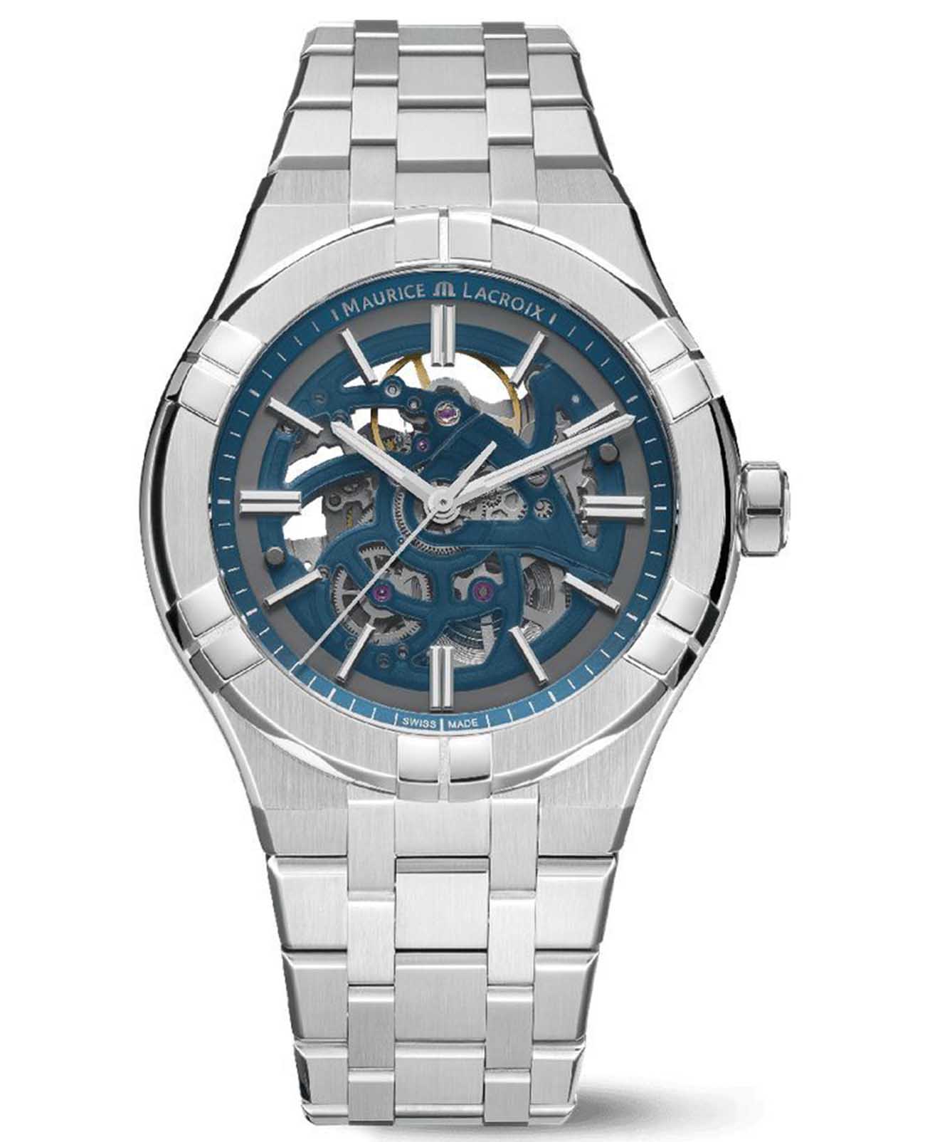 Maurice Lacroix Maurice Lacroix Aikon Automatic Skeleton AI6008-SS002-031-1  AI6008-SS002-031-1 механические мужские часы синий циферблат, браслет нержавеющая сталь — вид спереди