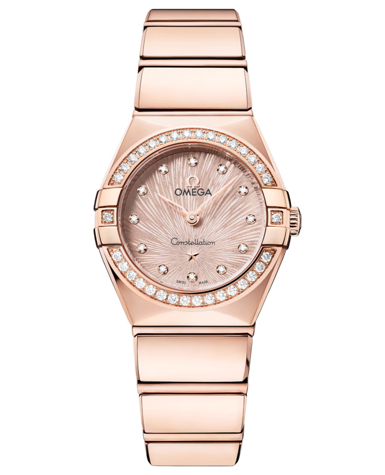 Omega Omega Constellation 131.55.25.60.52.001  13155256052001 кварцевые женские часы розовый циферблат, браслет 18-каратное красное золото — вид спереди