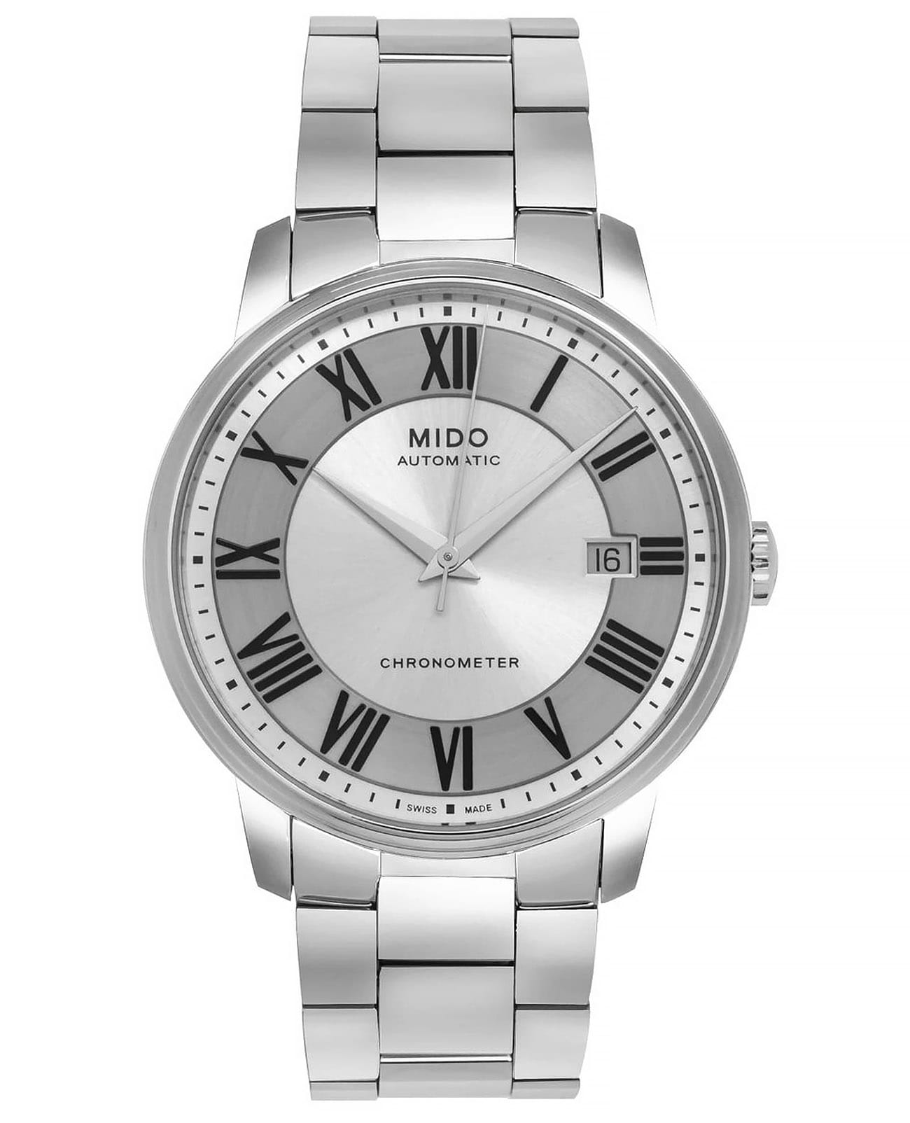 Mido Mido Baroncelli M010.408.11.033.09  M0104081103309 механические мужские часы  циферблат, браслет нержавеющая сталь — вид спереди