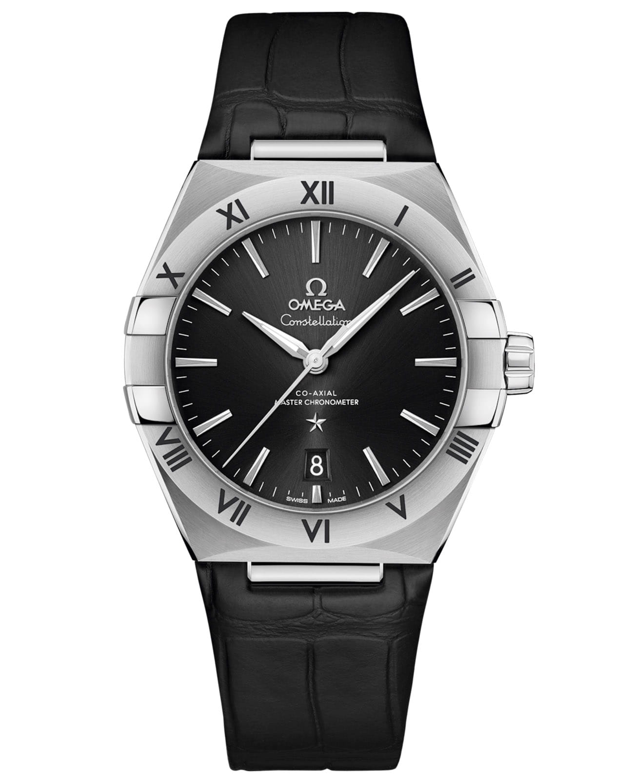 Omega Omega Constellation 131.13.39.20.01.001  13113392001001 механические мужские часы черный циферблат, браслет кожаный — вид спереди