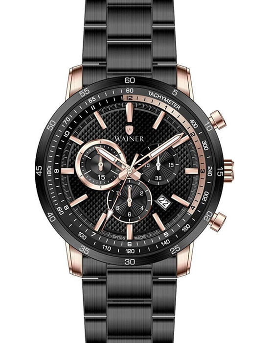 Wainer Wainer Bach WA.19032-A  WA.19032-A кварцевые мужские часы черный циферблат, браслет сталь c pvd покрытием — вид спереди